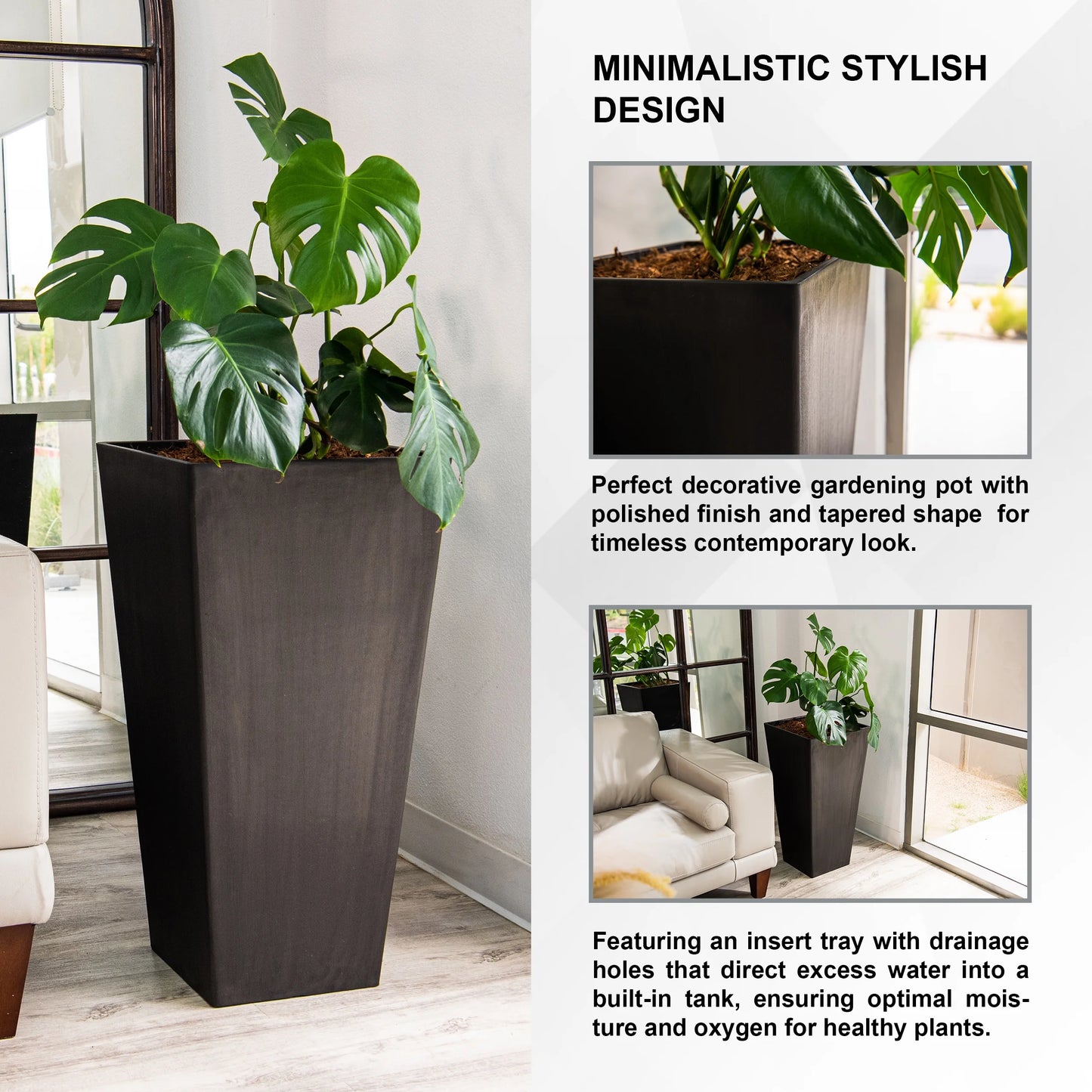 XBrand Modern 30-Inch Tall Square Planter, Modern Tapered Planter Perfect for Indoor & Outdoor Planter, Patio Décor, Black