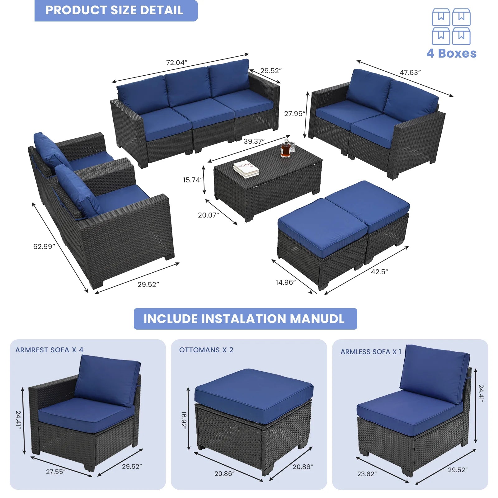 10 Pieces Patio Furniture Sets Outdoor,Manual Weaving Wicker Rattan Sectional Sofa Patio Conversation Sets with Cushions & Coffee Table with Hidden Storage for Outside, Balcony, Porch