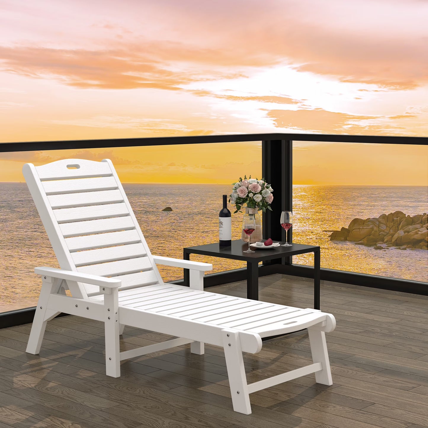Dextrus Outdoor Chaise Lounge Chair with Wide Armrest and Adjustable Backrest, Waterproof Resin Patio Lounger with 350lbs Capacity