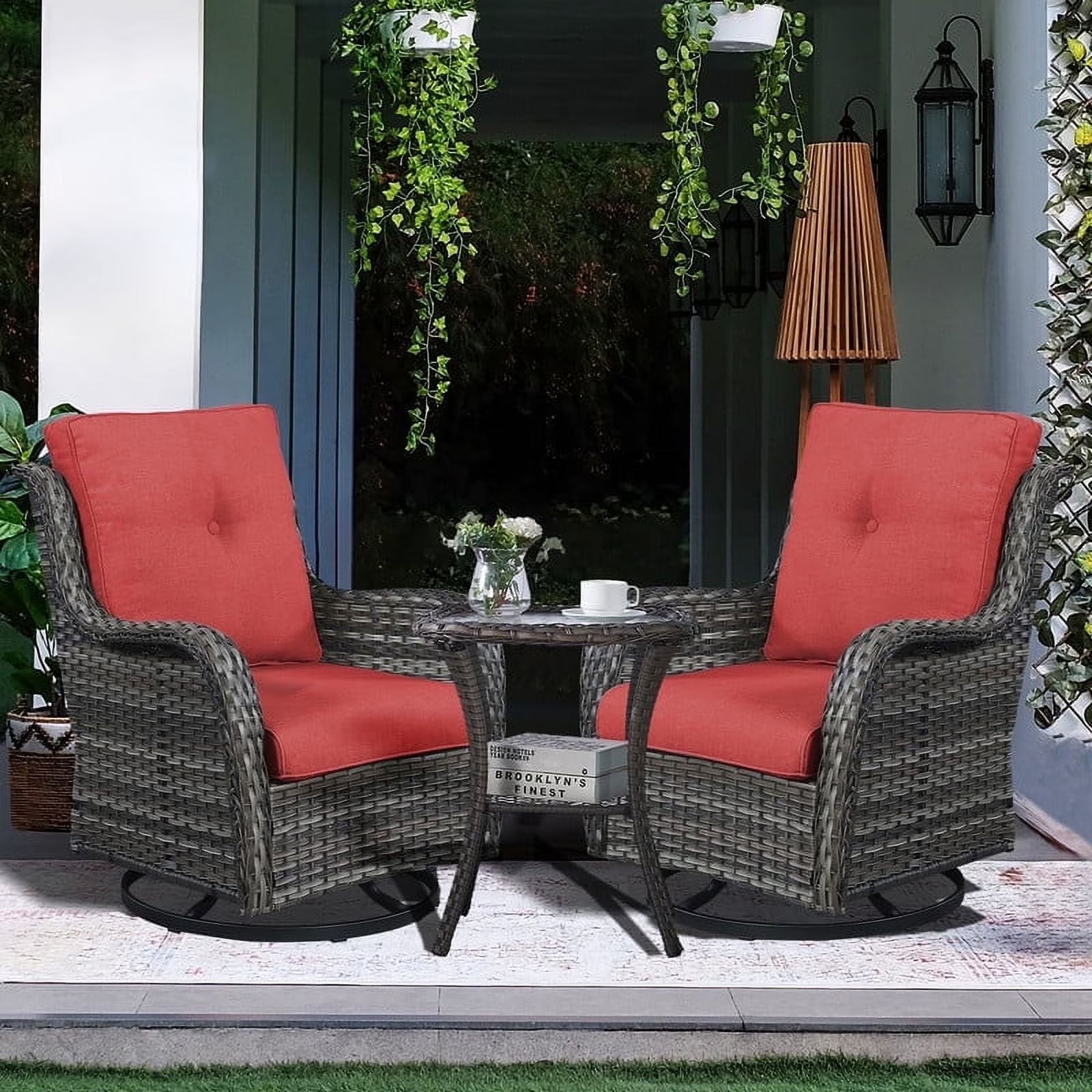 POCASSY 3 Piece Patio Set Outdoor Wicker Glider Rocking and Swivel Chairs with Cushions