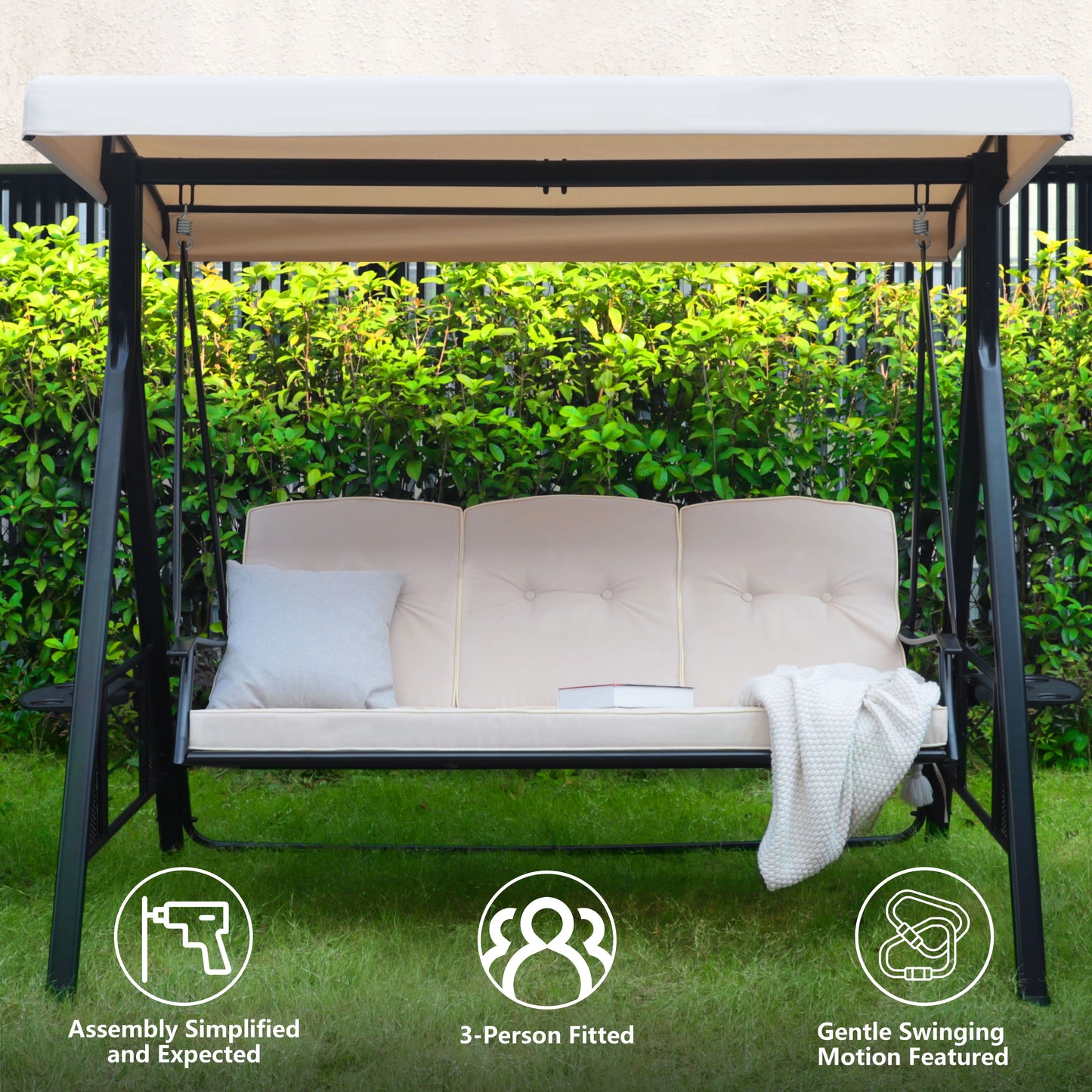 VEIKOUS 3-Seat Porch Swing Glider Outdoor with Adjustable Canopy and Side tables for Patio, Beige