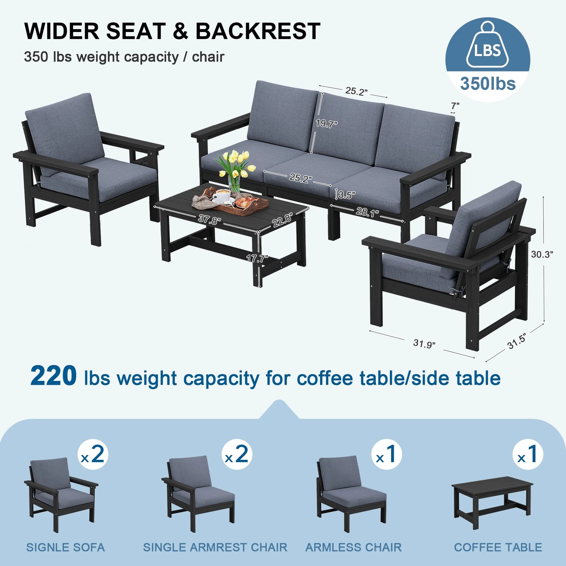 SERWALL Outdoor Patio Furniture Set, 7-Piece HDPE Outdoor Sofa Set Patio Conversation Set, Black Frame with Beige Cushions