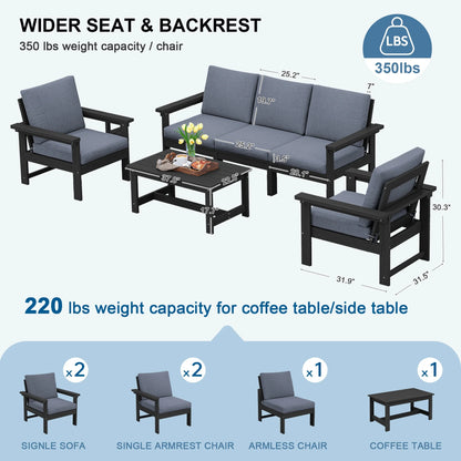 SERWALL Outdoor Patio Furniture Set, 7-Piece HDPE Outdoor Sofa Set Patio Conversation Set, Black Frame with Beige Cushions