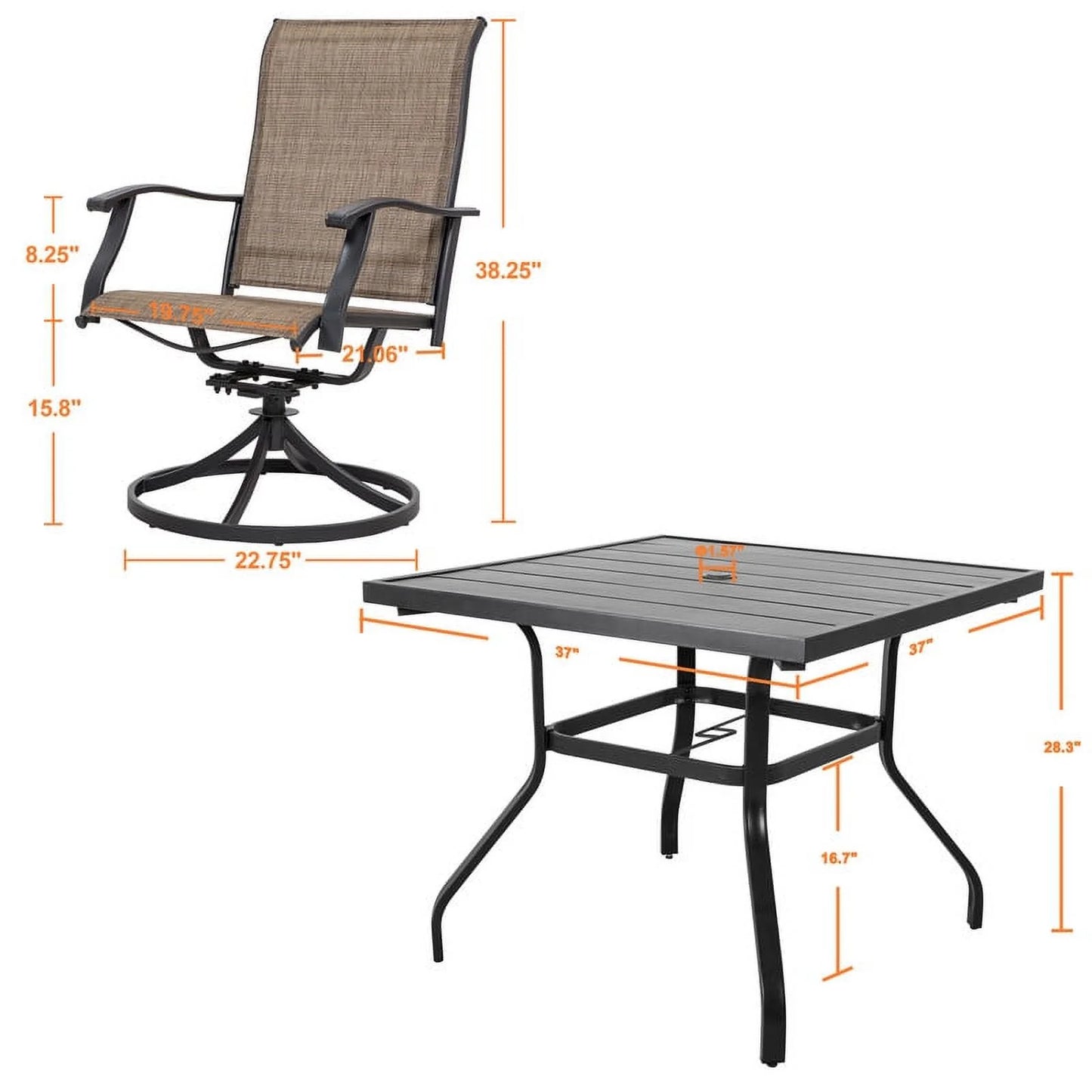 Nuu Garden 5 Piece Outdoor Patio Dining Set, Metal Patio Furniture Set 4 Textilene Swivel Chairs and 37" Square Iron Umbrella Dining Table,Black and Brown