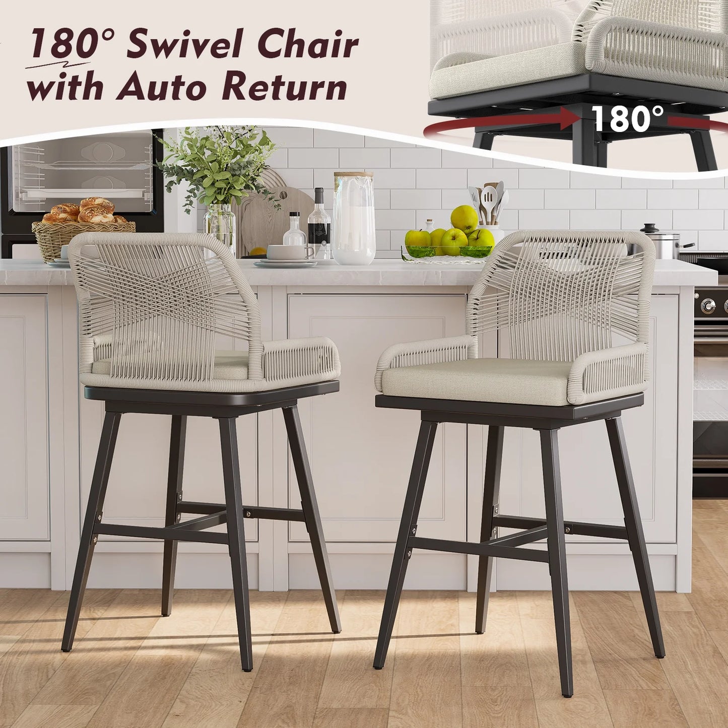MEISSALIVVE Set of 2 Rattan Swivel Bar Stools, 26" Counter Height with Woven Rope Back, Cushioned Patio Bar Chairs for Kitchen, Garden, Beige