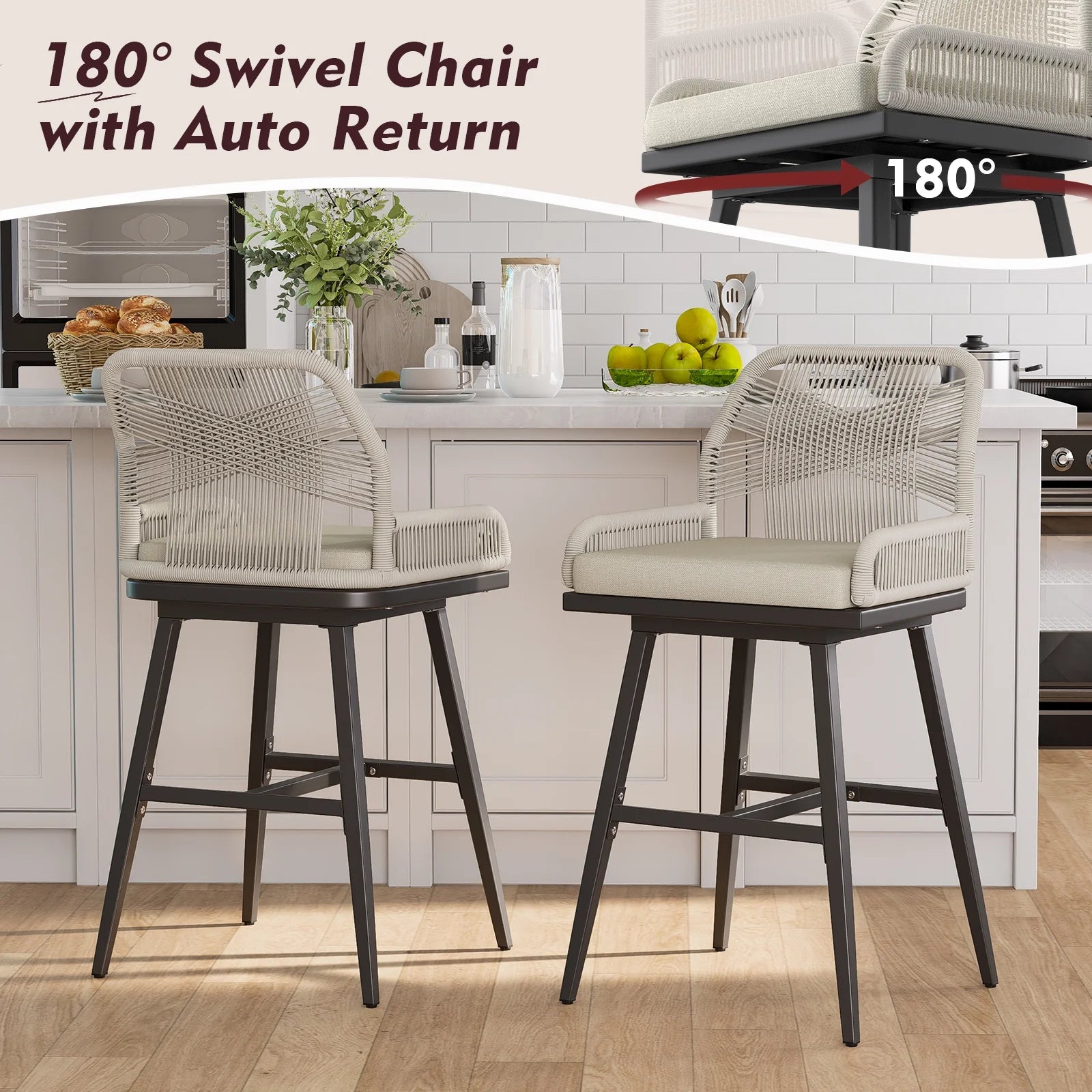 MEISSALIVVE Set of 2 Rattan Swivel Bar Stools, 26" Counter Height with Woven Rope Back, Cushioned Patio Bar Chairs for Kitchen, Garden, Beige