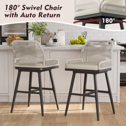MEISSALIVVE Set of 2 Rattan Swivel Bar Stools, 26" Counter Height with Woven Rope Back, Cushioned Patio Bar Chairs for Kitchen, Garden, Beige