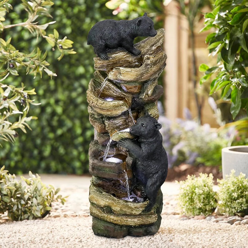 39.3in Tall Outdoor Water Fountain Resin Bear Patio Waterfall Fountain for Garden, Deck, Patio, Porch, Yard and Home Art Decor