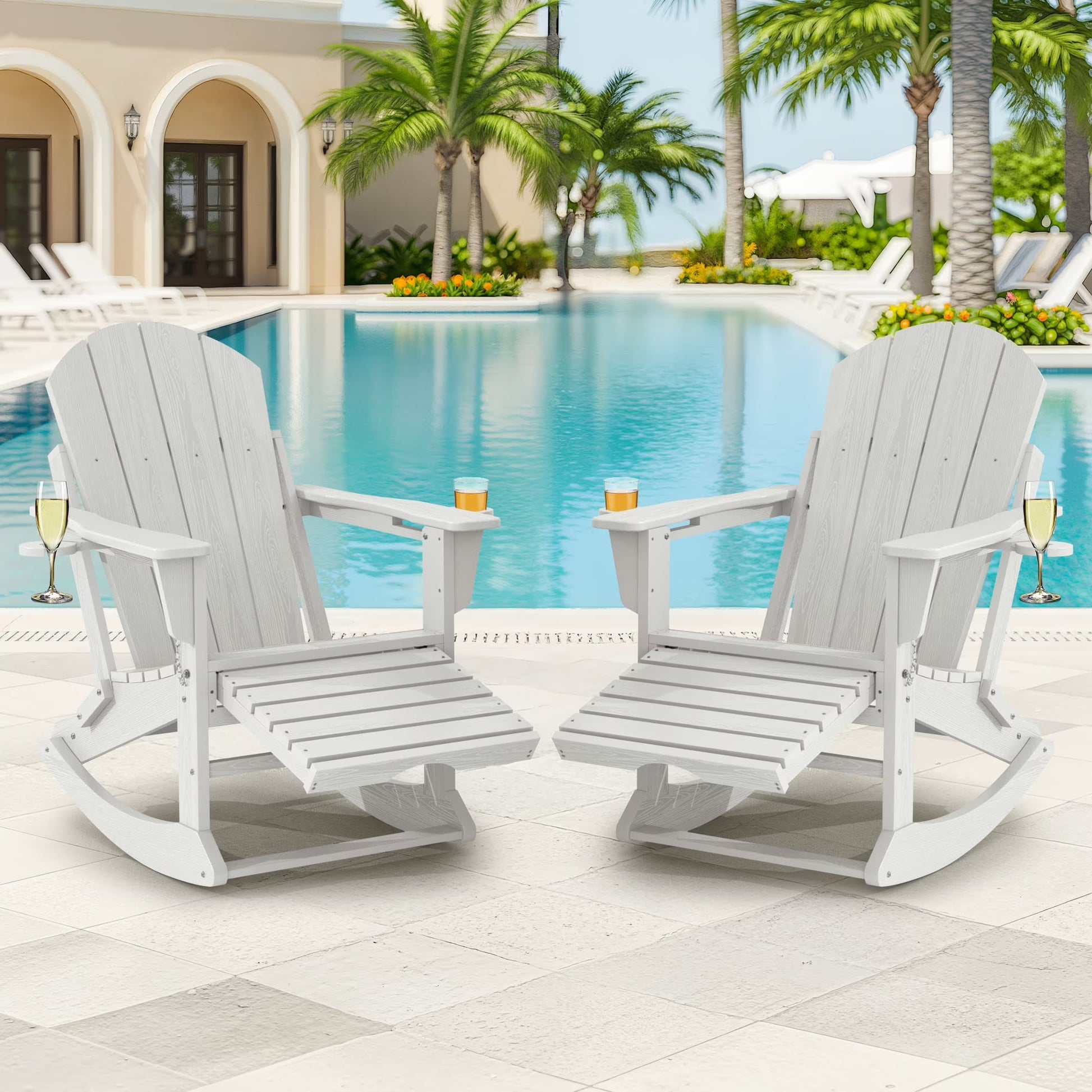 KINGYES Folding Adirondack Rocker Chair Set of 2 W/Footrest & Dual Cup Holders, HDPE Outdoor Patio Rocking Chair, Black