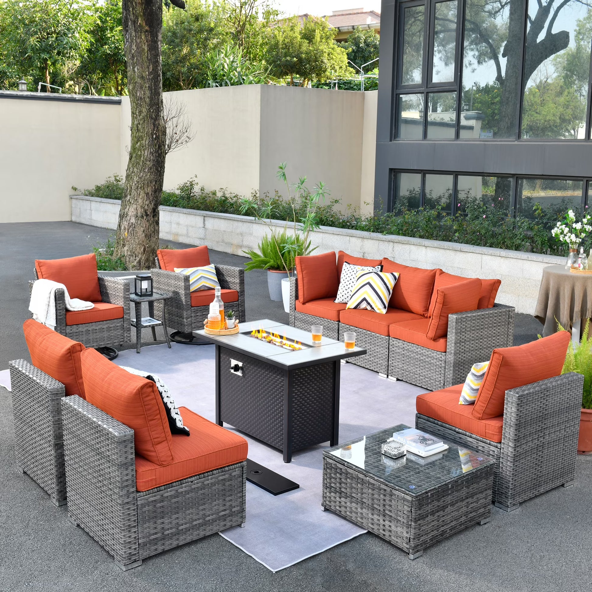 Ovios 11 Pieces Patio Fire Pit Set Outdoor Wicker Sectional Sofa Conversation Set with Swivel Rocking Chairs and Side Table,Dark Gray