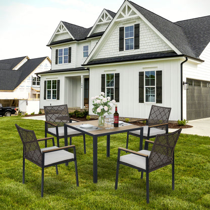 Enyopro 5 Piece Outdoor Patio Dining Table Set, Rattan Wicker Chairs & Acacia Wood Table with Umbrella Hole, All Weather Garden Furniture Conversation Set for Porch, Balcony, Backyard, Lawn