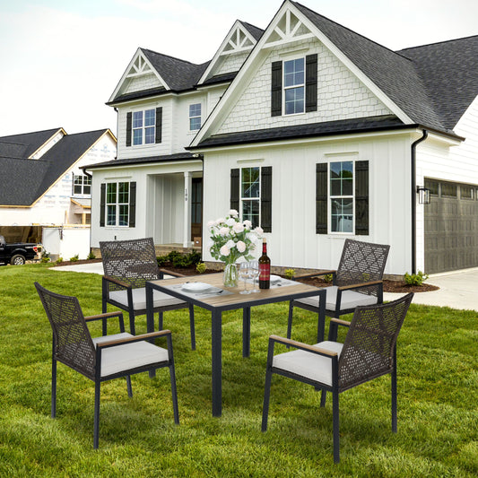 Enyopro 5 Piece Outdoor Patio Dining Table Set, Rattan Wicker Chairs & Acacia Wood Table with Umbrella Hole, All Weather Garden Furniture Conversation Set for Porch, Balcony, Backyard, Lawn