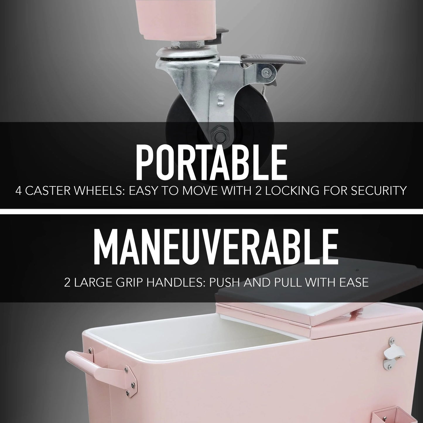 Permasteel 80-Qt Classic Outdoor Steel Patio Cooler on Wheels, Beverage Rolling Cart, Pink