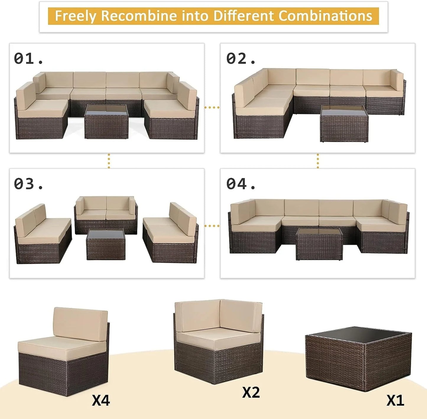 YODOLLA 7-Piece Outdoor Furniture Set, Rattan Wicker Sectional Sofa Couch Patio Conversation Set with Table In Beige