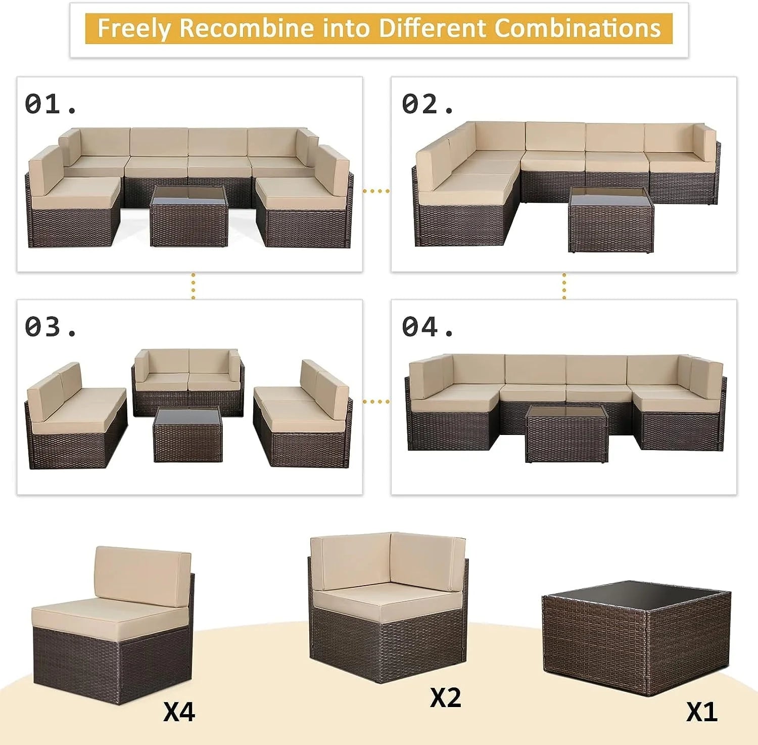 YODOLLA 7-Piece Outdoor Furniture Set, Rattan Wicker Sectional Sofa Couch Patio Conversation Set with Table In Beige