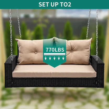 Craftian 2-Seats Wicker Hanging Porch Swing Chair Outdoor Black Rattan Patio Swing Lounge w/2 Back Cushions Capacity 770lbs for Garden, Balcony, Living Room, Beige