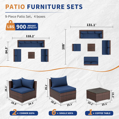 UDPATIO Patio Furniture Sets, Modular Rattan Outdoor Patio Sectional Furniture Sofa Set, Wicker Patio Conversation Set for Backyard,9PCS