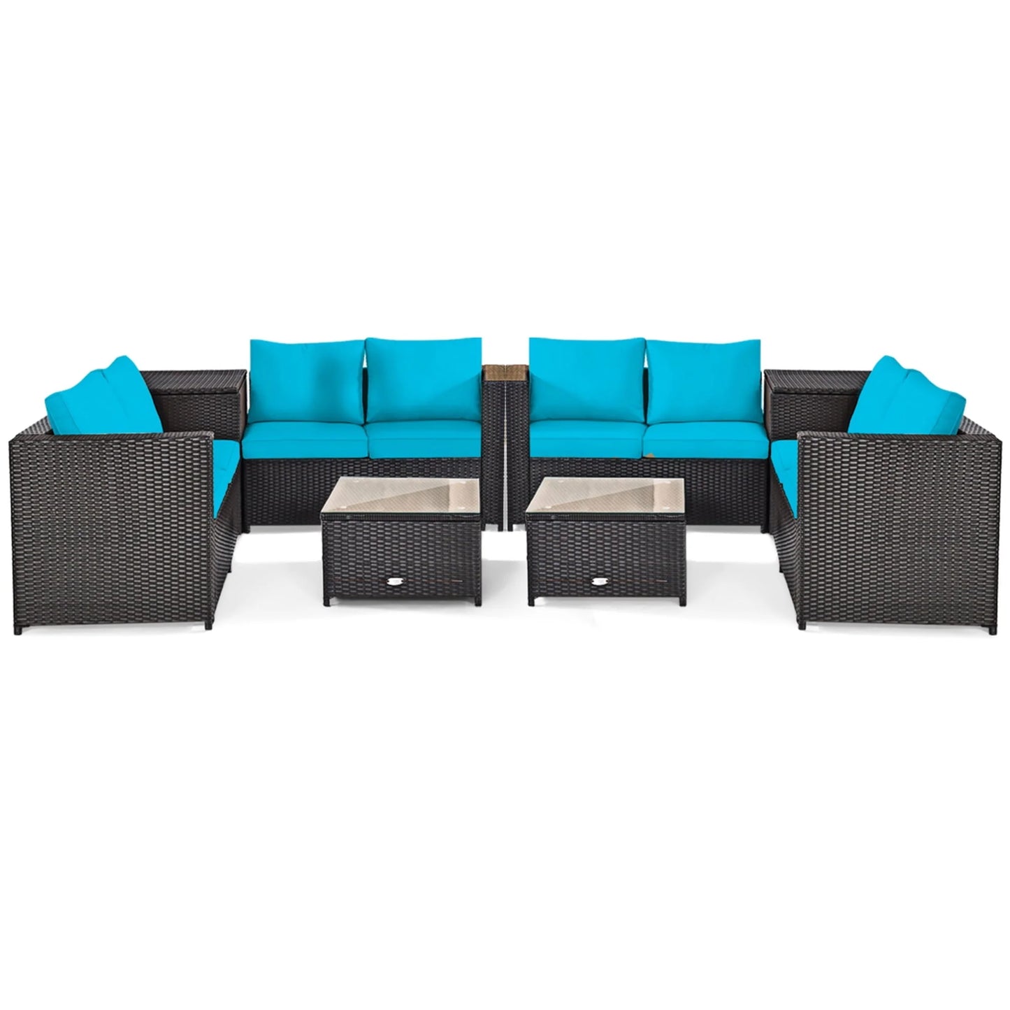 Gymax 8PCS Cushioned Rattan Patio Conversation Set w/Side Table Turquoise Cushion