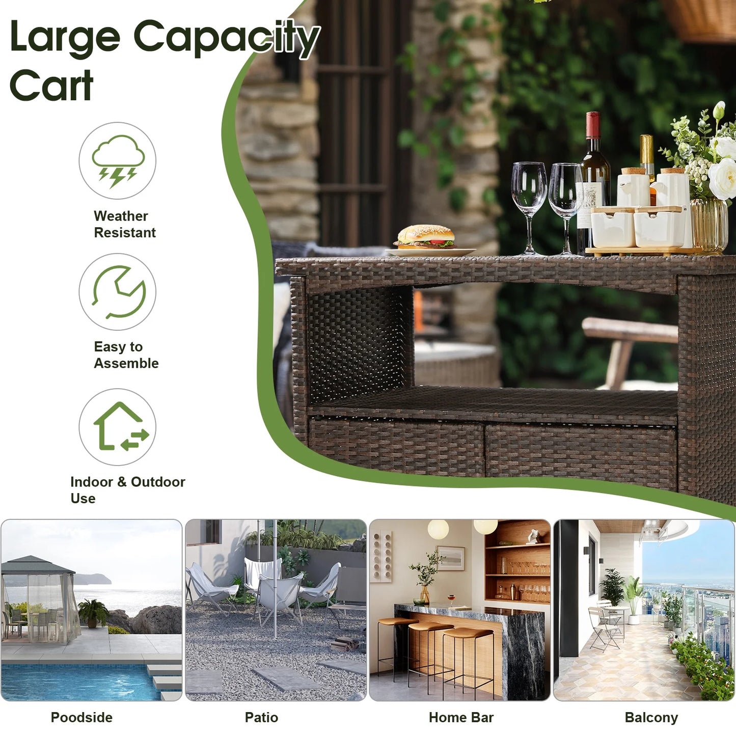 Zimtown Outdoor Patio Ratten Bar Counter Table w/Handrai and 2 Doors, 4 Wheel Water-proof Wicker Bar Table, Storage Cabinet Cart, Brown