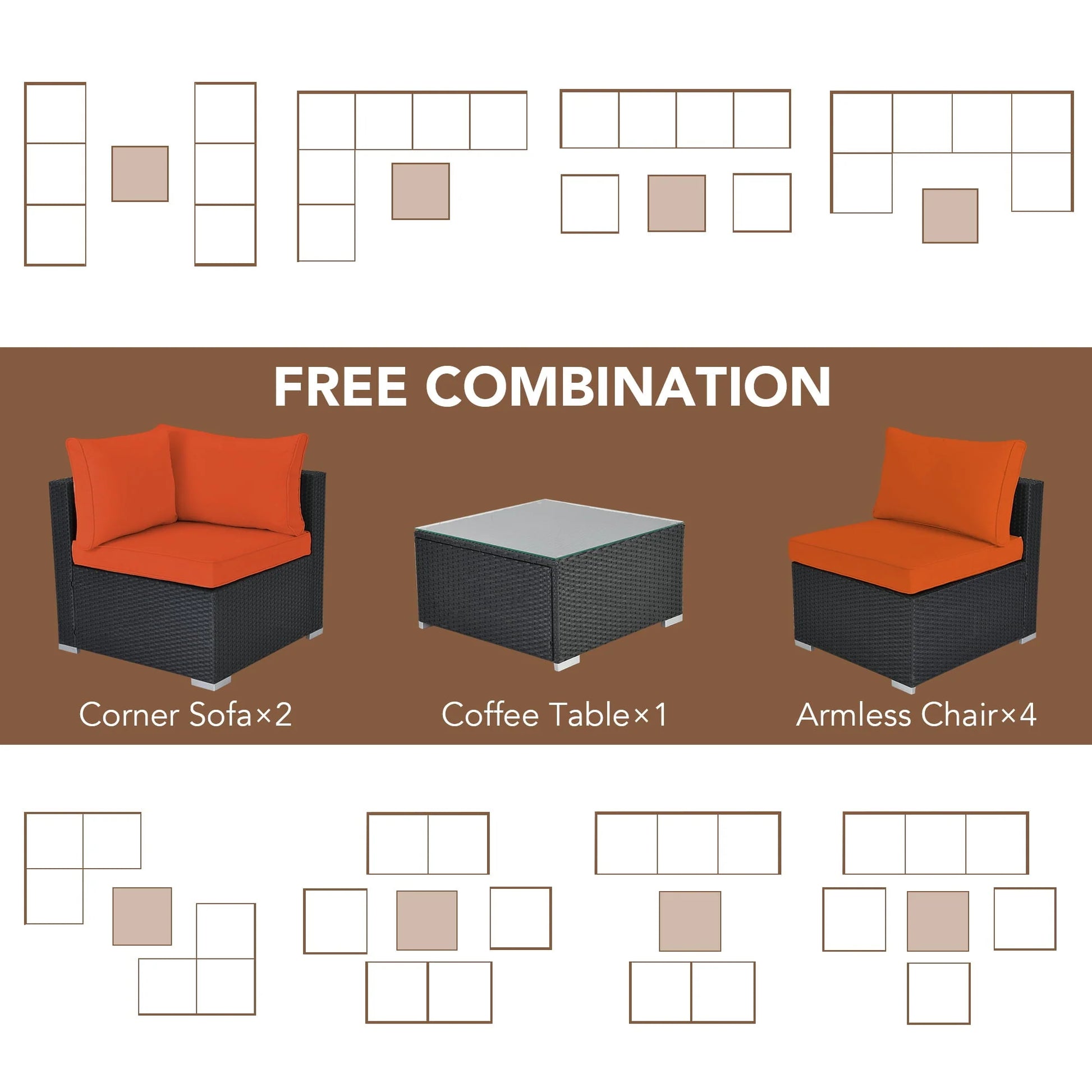 Olmia 7 Piece Patio Furniture sets PE Rattan Wicker Sectional Sofa Set, with Tea Table and Washable Couch Cushions, for Garden Poolside& Patio, Black+Orange