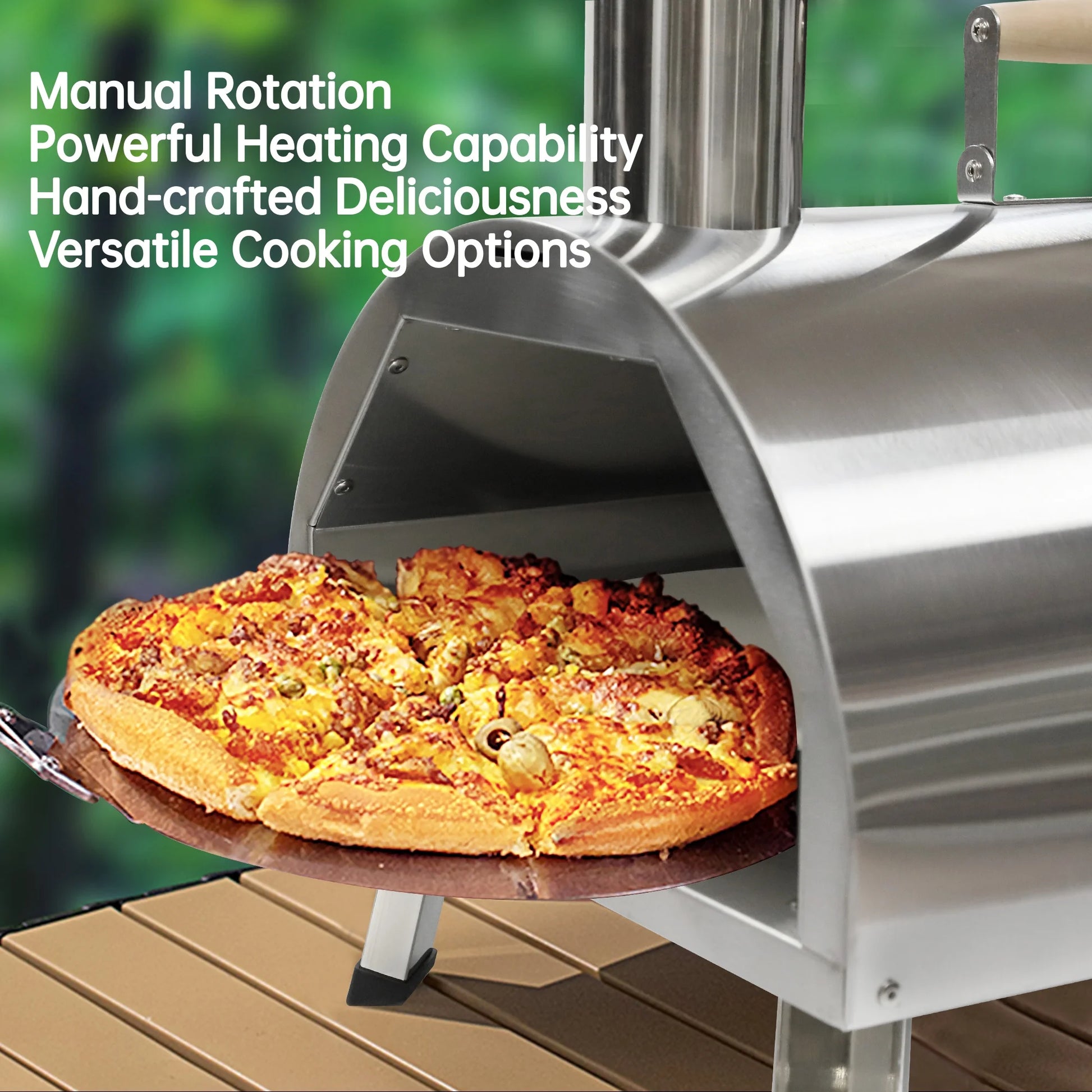 12" Wood Pellet Outdoor Pizza Oven, Portable Stainless Steel Rotatable Pizza Maker with Built-in Thermometer, Carry Bag, Pizza Cutter, Semi-Automatic Pellet & Wood Pizza Oven for Garden BBQ, Patio
