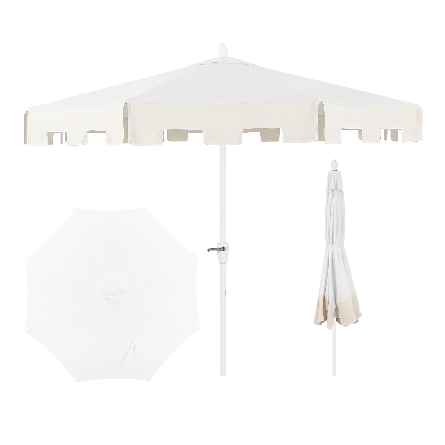 JONATHAN Y Baiona 9 ft. Market Patio Umbrella, Classic Mid-Century with UV Protection, Auto-Tilt, Crank and Wind Vent, White/Coral Pink