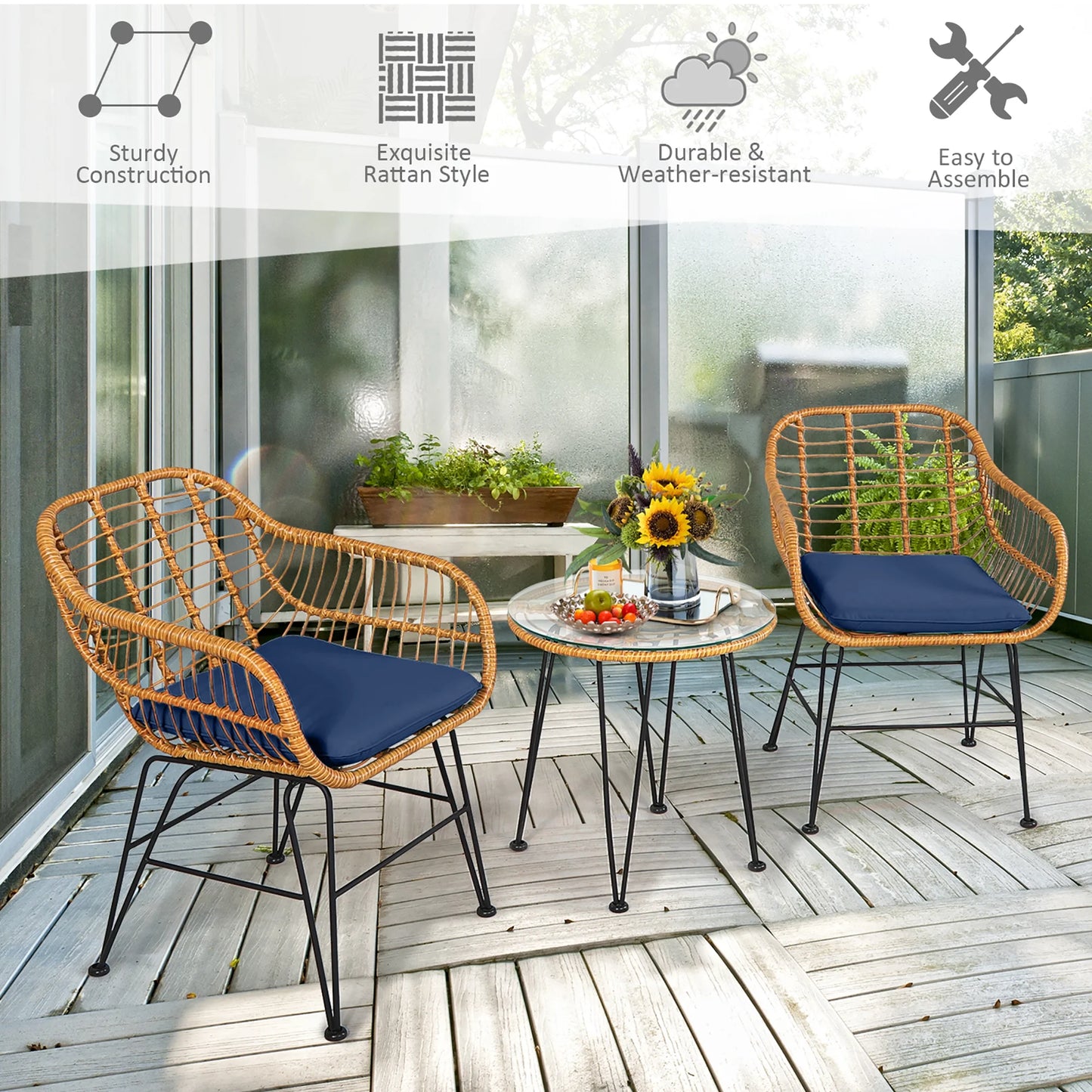 Costway 3PCS Patio Rattan Bistro Furniture Set Cushioned Chair Table Navy