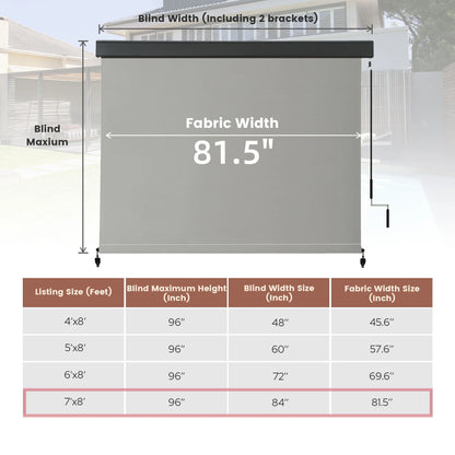 Vicllax 7'Wx8'H Outdoor Roller Shades Blinds for Patio Porch Crank Operation Solar Fabric, Light Gray