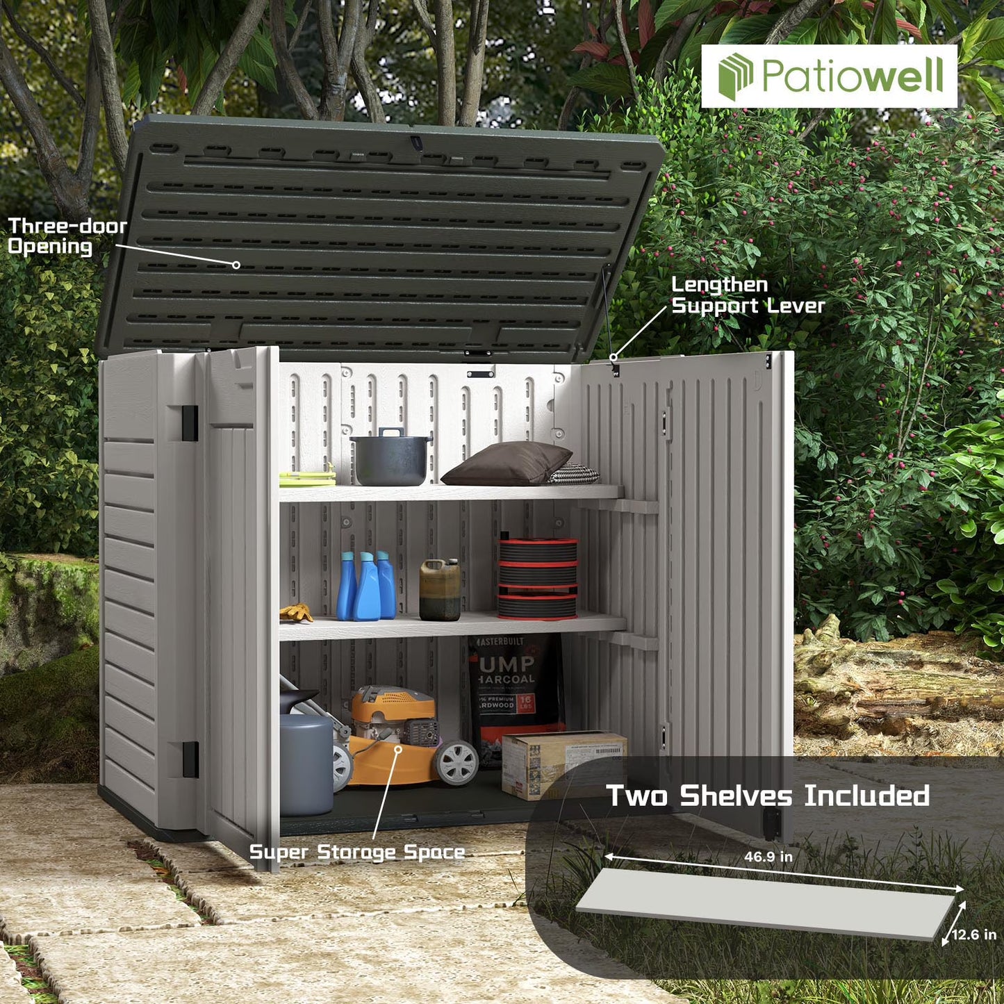 Patiowell 260 Gallon Outdoor Horizontal Storage Sheds, All-Weather Resin Tool Shed with Lockable Multi-Opening Door, Outdoor Storage Box for Trash Cans, Tools and Bicycles