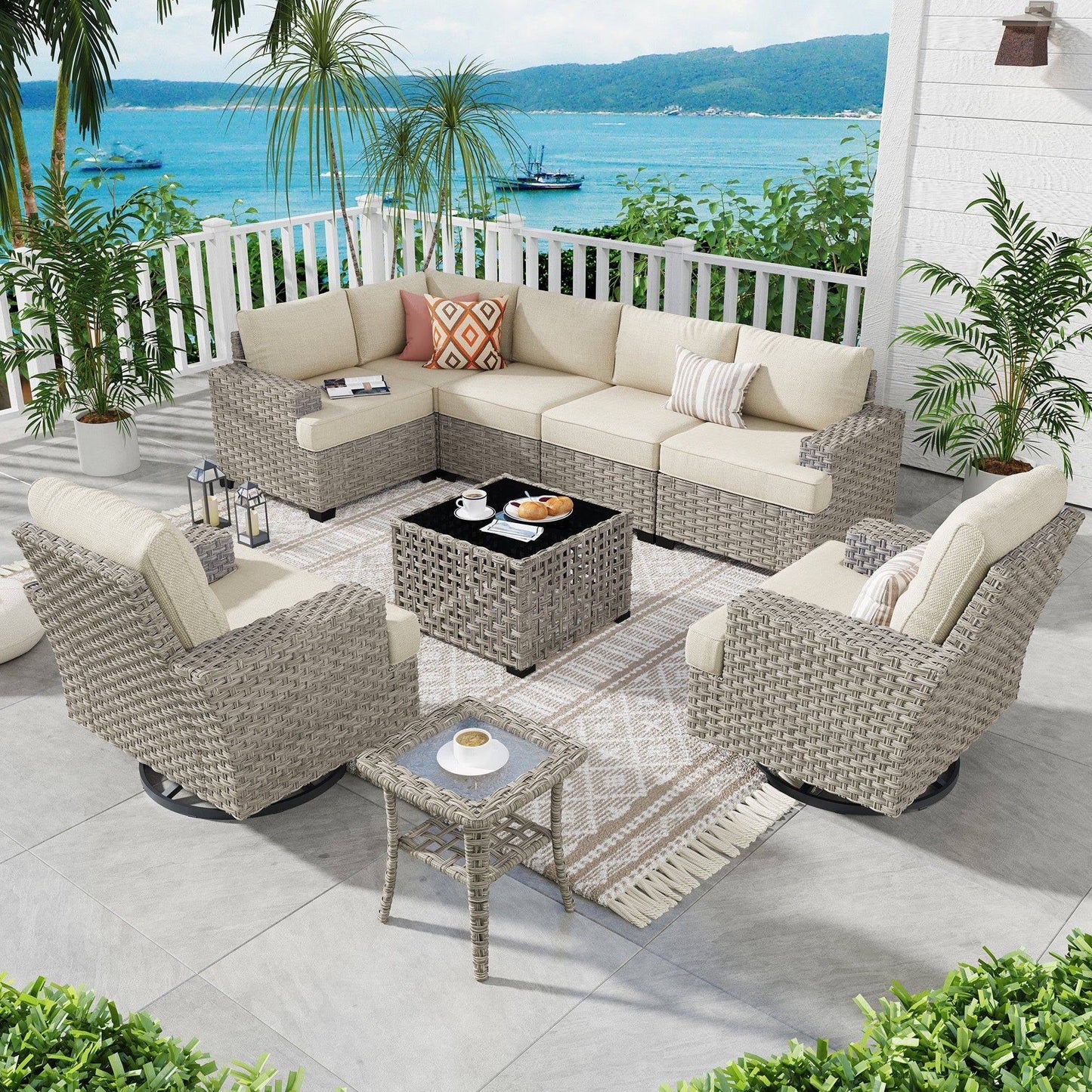 Ovios 9 Pieces Outdoor Patio Furniture with Swivel Chairs High-Back All-Weather Rattan Wicker Conversation Set Outdoor Sectional with Solar Light Coffee Table