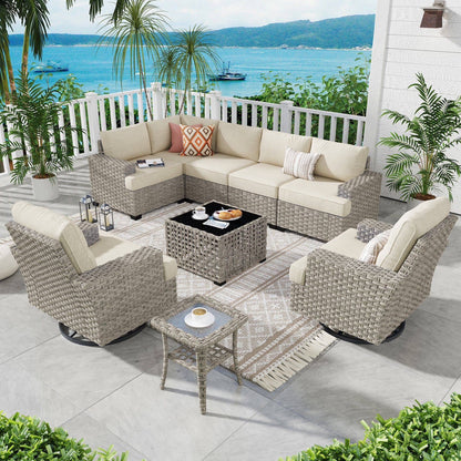 Ovios 9 Pieces Outdoor Patio Furniture with Swivel Chairs High-Back All-Weather Rattan Wicker Conversation Set Outdoor Sectional with Solar Light Coffee Table