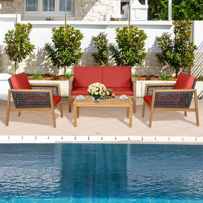 Costway 8PCS Patio Rattan Furniture Set Acacia Wood Cushioned Sofa Off White