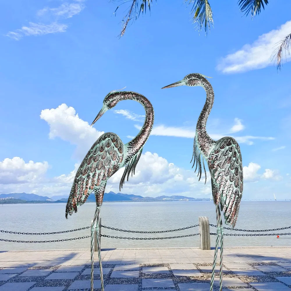 Garden Crane Statues, Standing Metal Patina Heron Decoy Outdoor Statue, 42-46 Inch Bird Yard Art for Patio Lawn Pond, Set of 2