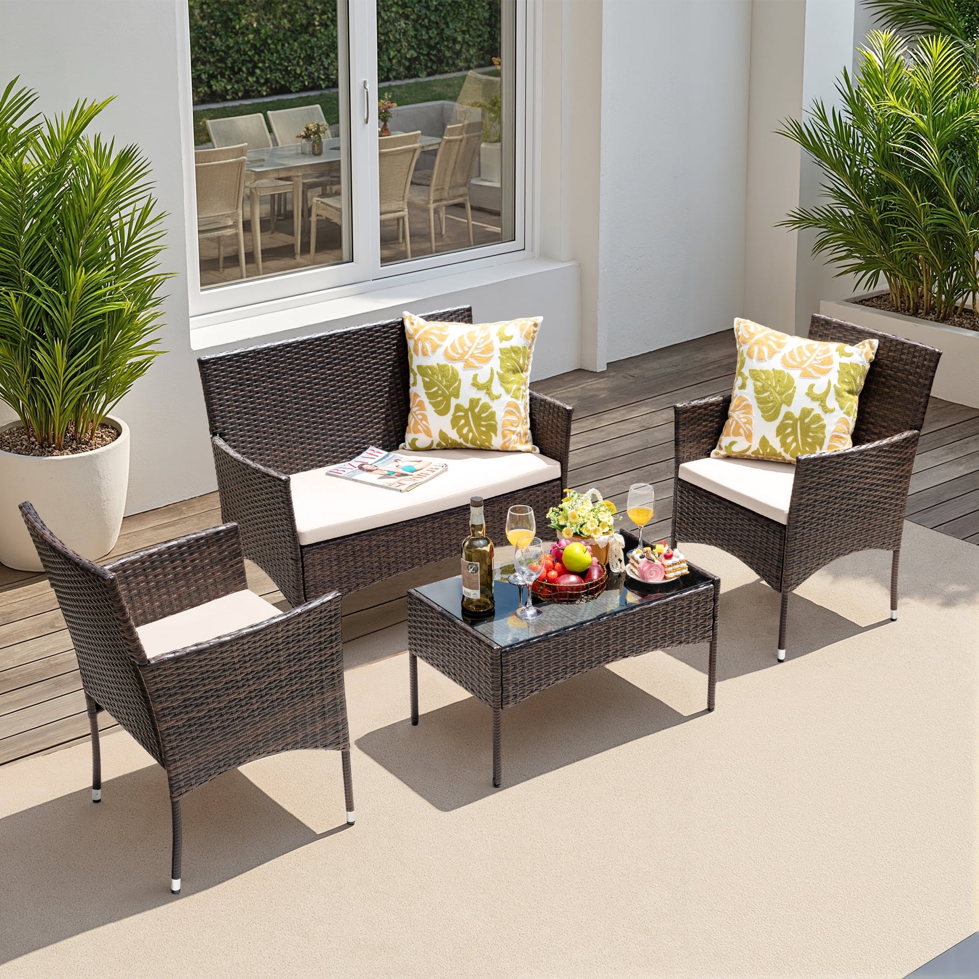 Lacoo 4 Pieces Patio Conversation Set Outdoor PE Rattan Wicker Chairs Set and Table, Brown