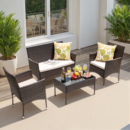 Lacoo 4 Pieces Patio Conversation Set Outdoor PE Rattan Wicker Chairs Set and Table, Brown