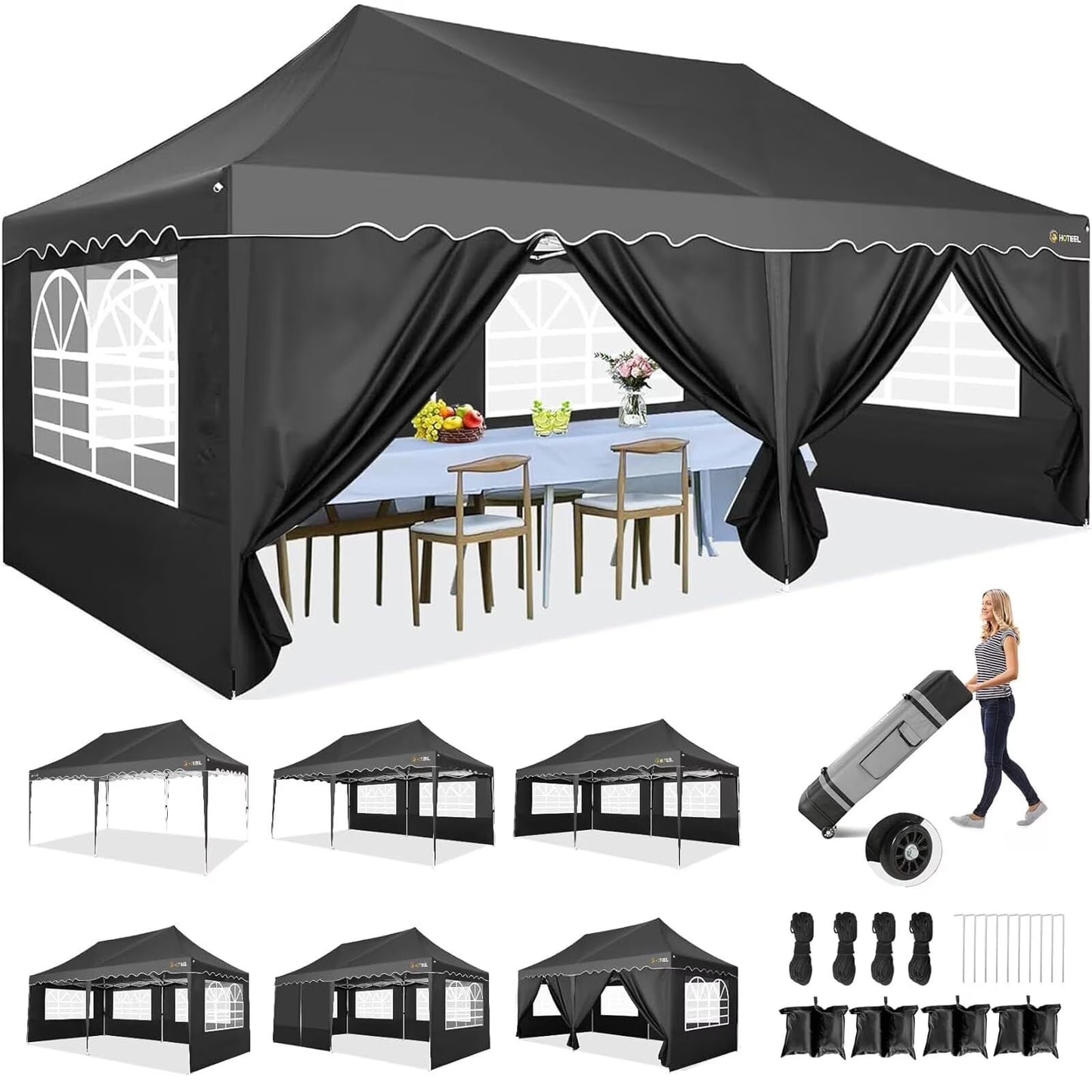 HOTEEL 10x20 Pop Up Canopy Tents for Parties, Outdoor Tent with Wheeled Bag & 4 Sandbags, Easy Setup Shelter Gazebo for Wedding, Patio Events, Commercial, Party -Waterproof and UV50+, Dark Blue