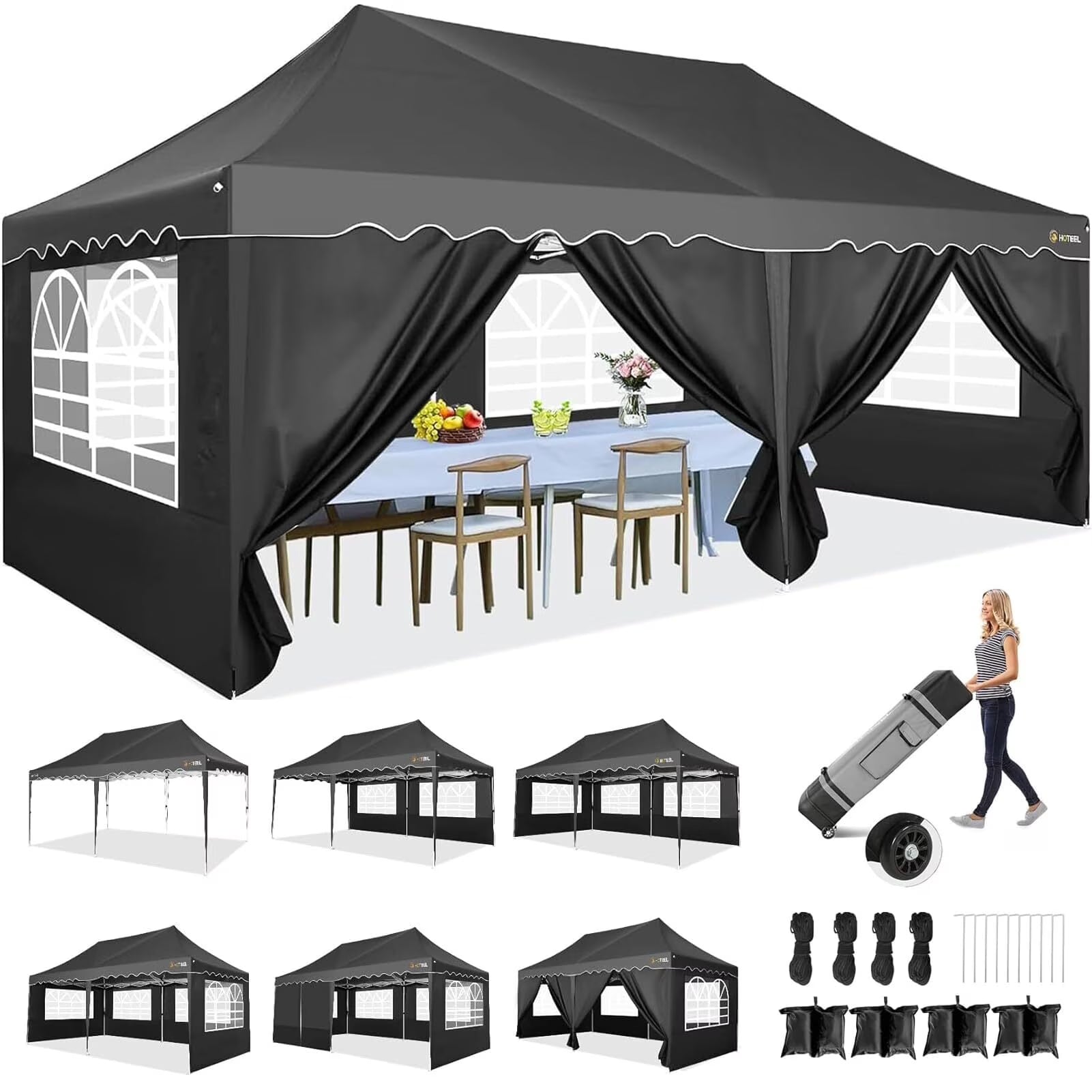 HOTEEL 10x20 Pop Up Canopy Tents for Parties, Outdoor Tent with Wheeled Bag & 4 Sandbags, Easy Setup Shelter Gazebo for Wedding, Patio Events, Commercial, Party -Waterproof and UV50+, Dark Blue