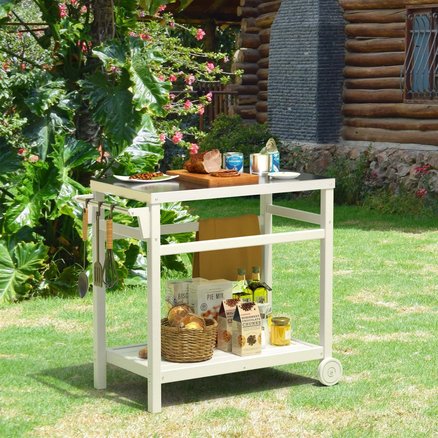 TORVA Outdoor Prep Cart Dining Table for Pizza Oven, Patio Grilling Backyard BBQ Grill Cart, White