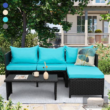 Waroom Outdoor Furniture Set 3 Pieces Patio Wicker Conversation Chairs and Coffee Table, Royal Blue