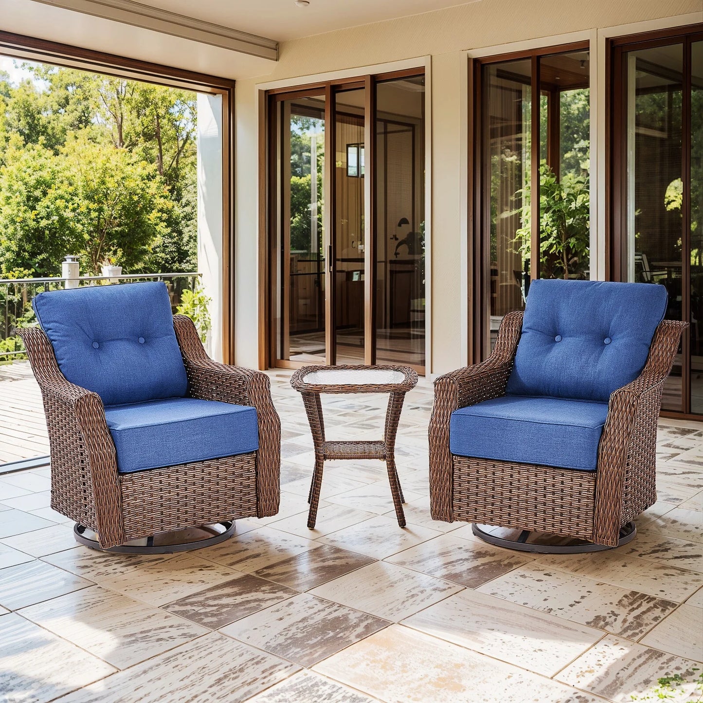 Bellefurn Outdoor Patio Furniture Set,Swivel Rocker Patio Chairs with 6" Thick Cushion and Side Table,Rattan Outdoor Conversation Set for Porch,Deck,Yard
