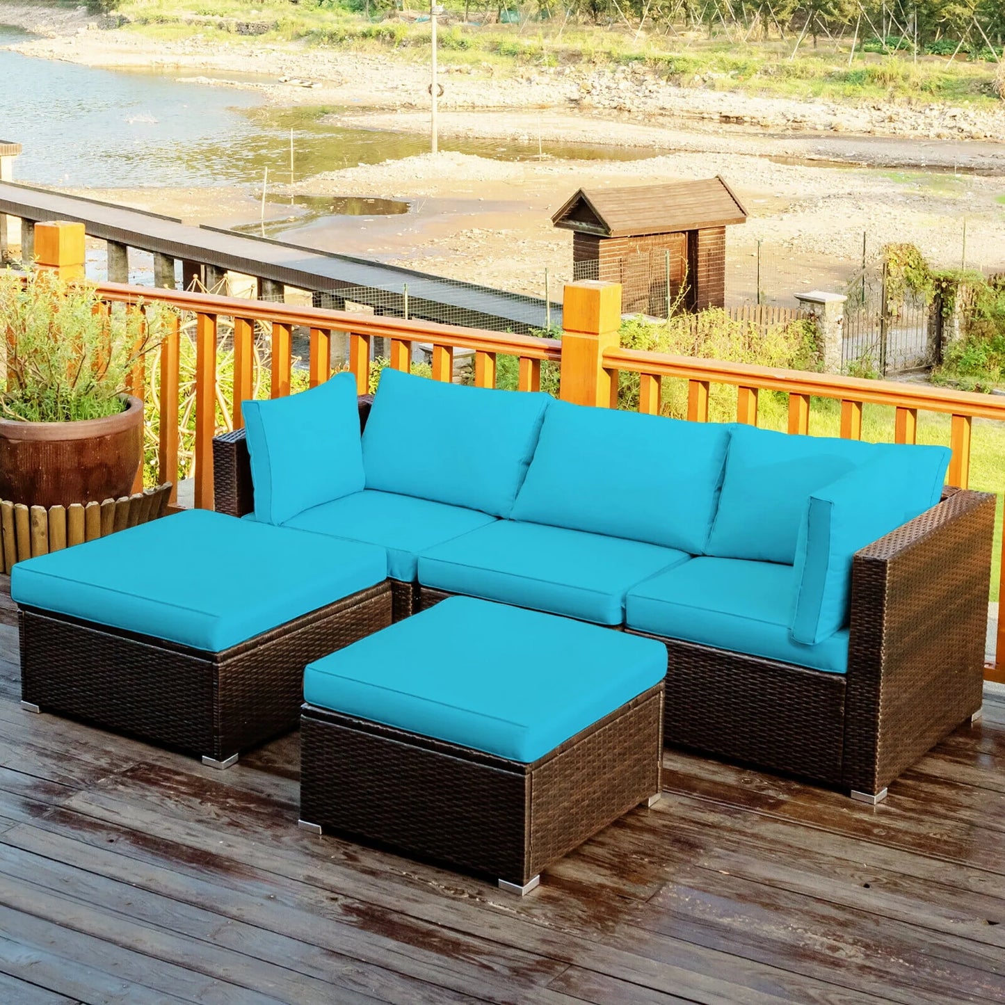 Costway 5PCS Patio Rattan Furniture Set Sectional Conversation Set Ottoman Table Red