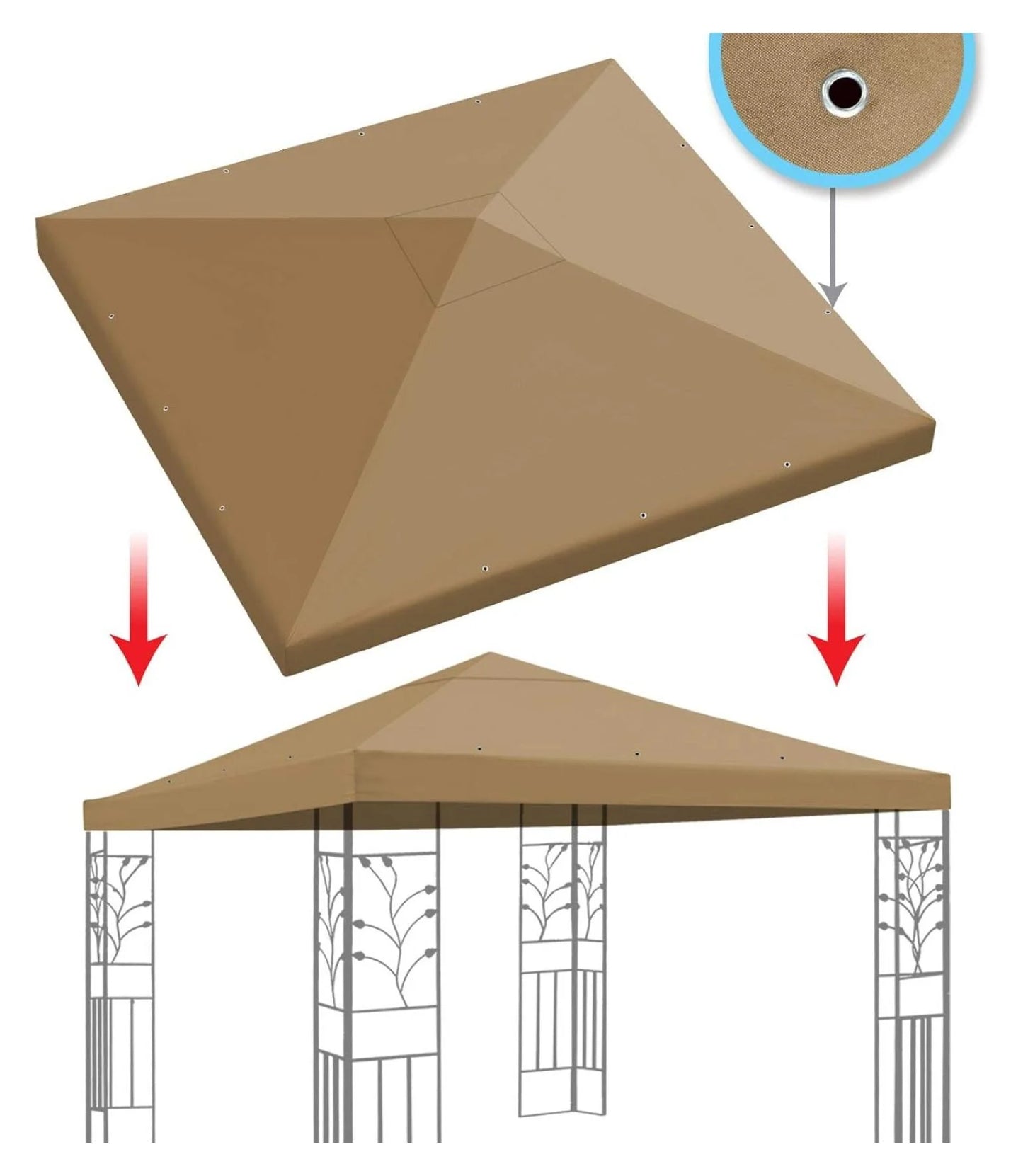 10x10 Gazebo Canopy Replacement Top - Single Tier Patio Cover Sunshade - Polyester Tan