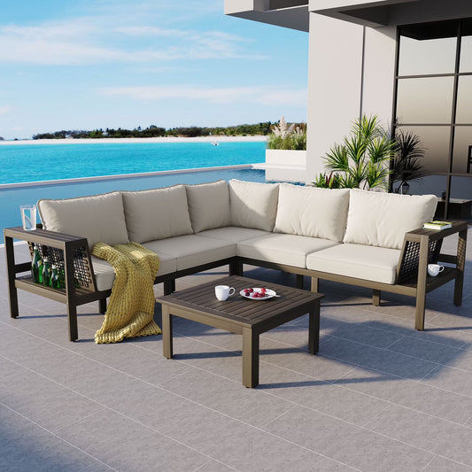 Harper & Bright Designs Patio L-Shaped Conversation Sectional Sofa Set with Coffee Table, Outdoor Acacia Wood Seating Group with Side Table for Backyard Garden, Beige, Grayish Brown