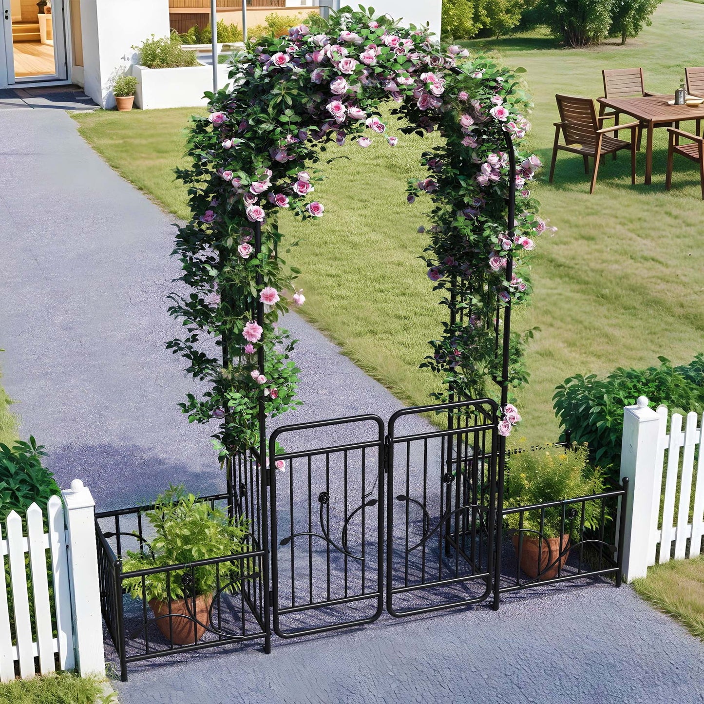 Uforic 87" Metal Garden Arbor Arch with Gate & Planter Boxes, Patio Wedding Party Lawn Arches Decoration, Black
