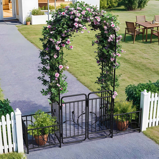 Uforic 87" Metal Garden Arbor Arch with Gate & Planter Boxes, Patio Wedding Party Lawn Arches Decoration, Black