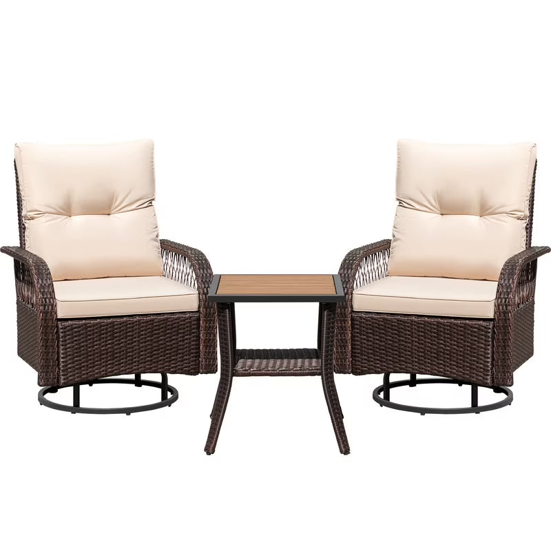 Lacoo 3 Piece Outdoor Bistro Set Patio 360° Swivel Rocking Chairs & Table All-Weather Rattan High Back Conversation Set for Backyard Porches Garden