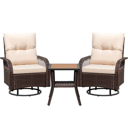 Lacoo 3 Piece Outdoor Bistro Set Patio 360° Swivel Rocking Chairs & Table All-Weather Rattan High Back Conversation Set for Backyard Porches Garden