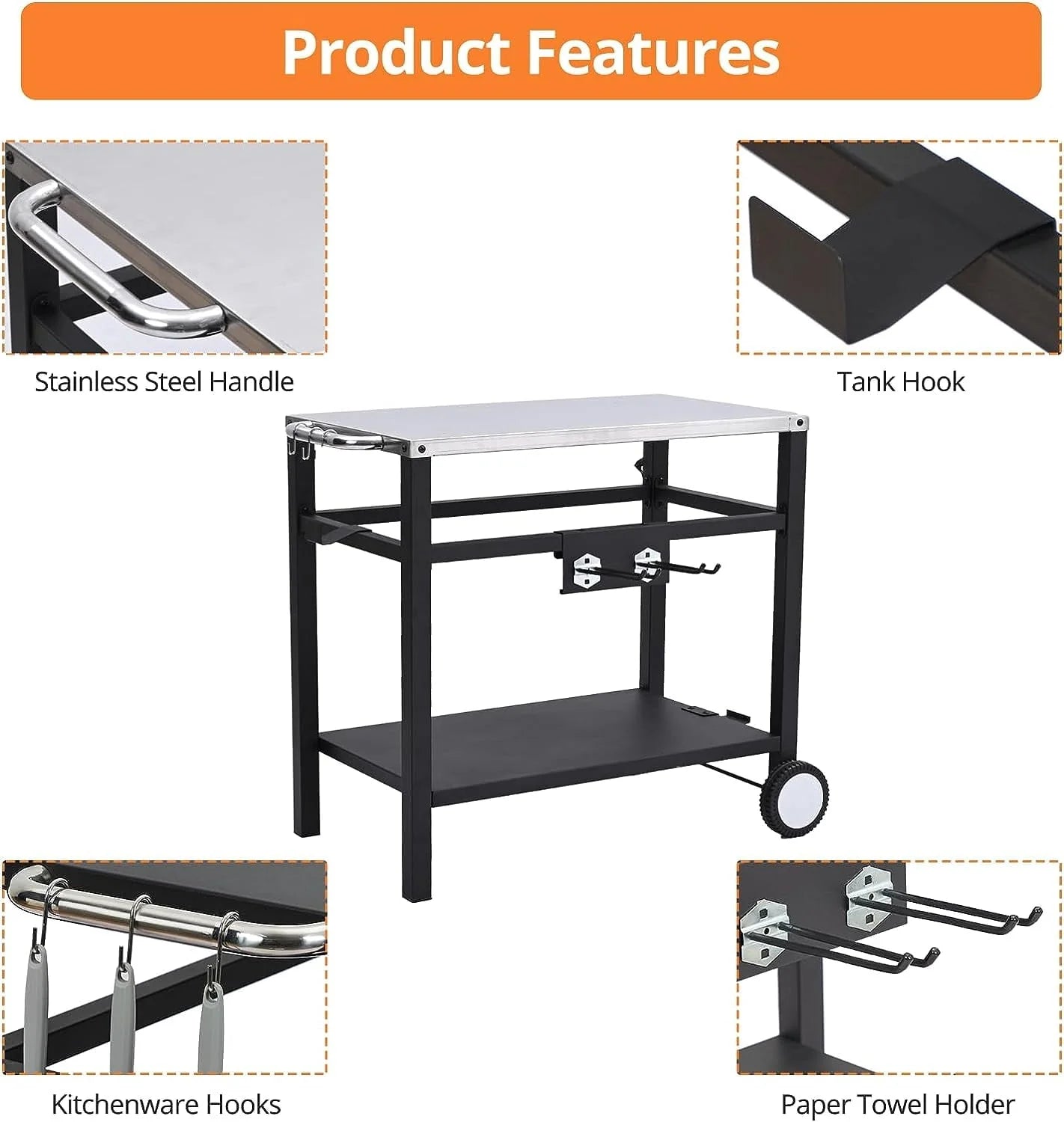 Outdoor Grill Cart Pizza Oven Stand, Stainless Steel Flattop Grill Cart, BBQ Prep Table with Wheels & Hooks, Side Handle, Tabletop Griddle Cooking Station for Bar, Patio, Camping, Home