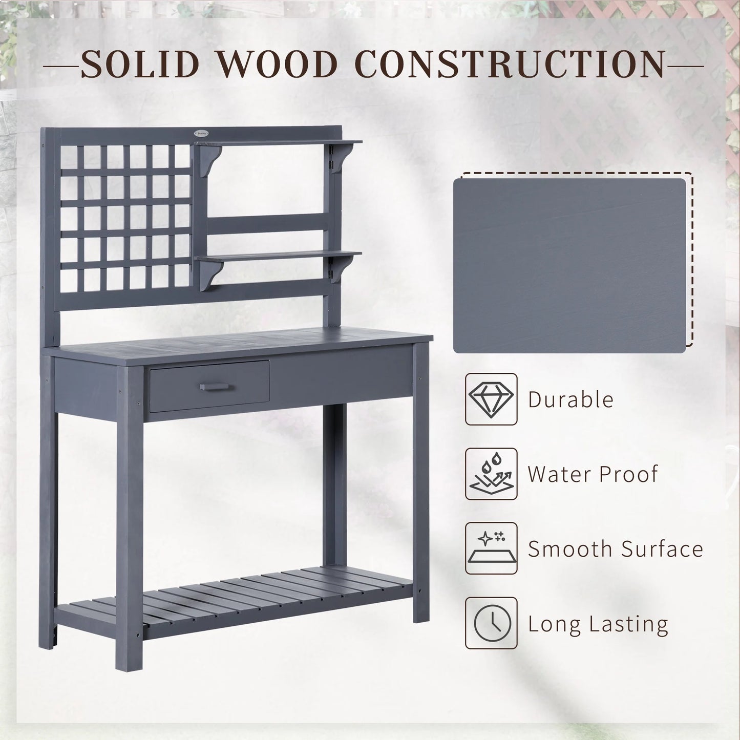 Outsunny Potting Bench Table, Garden Work Bench, Outdoor Wooden Workstation with Tiers of Shelves and Drawer for Patio, Courtyards, Balcony, Grey