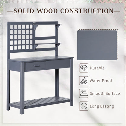 Outsunny Potting Bench Table, Garden Work Bench, Outdoor Wooden Workstation with Tiers of Shelves and Drawer for Patio, Courtyards, Balcony, Grey